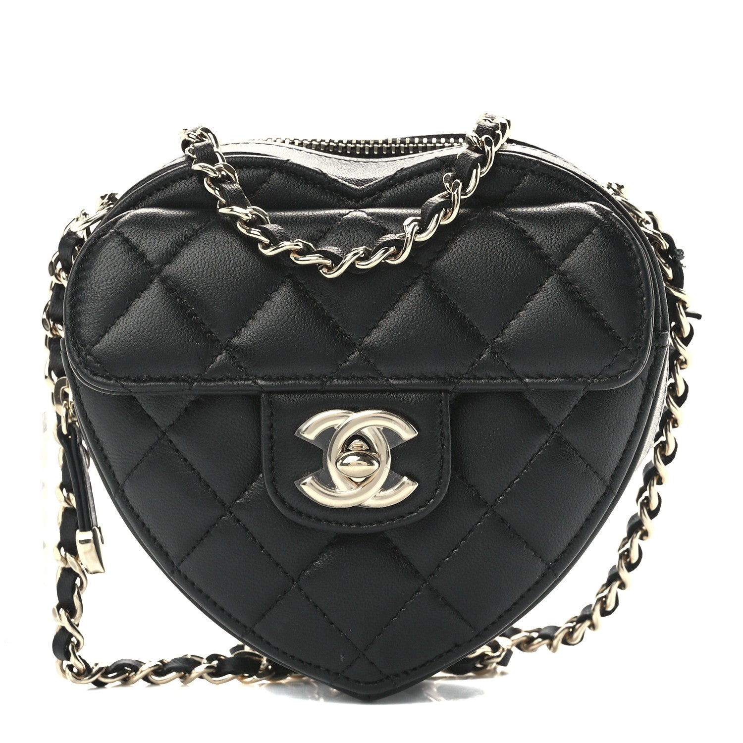 Chanel Lambskin Quilted CC In Love Heart Clutch With Chain Black 1 of 12