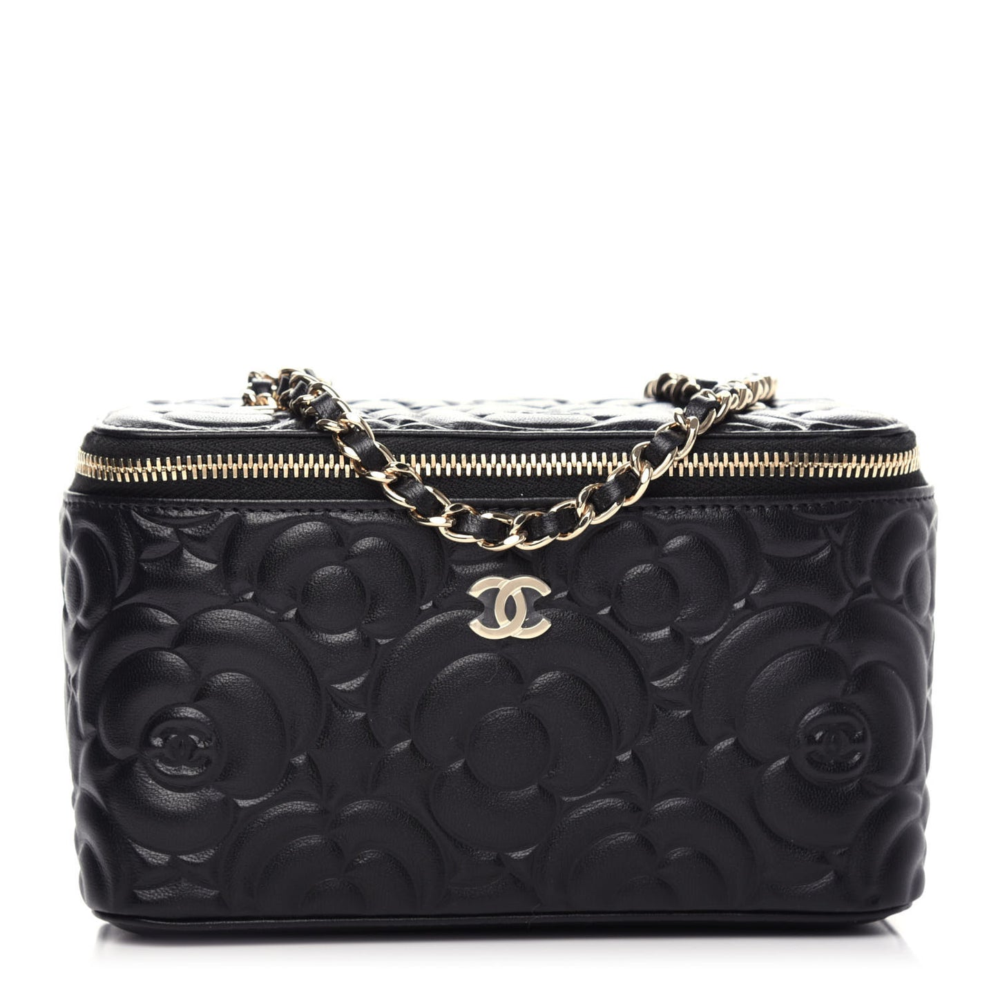 Goatskin Camellia Embossed Quilted Small Vanity Case With Chain Black