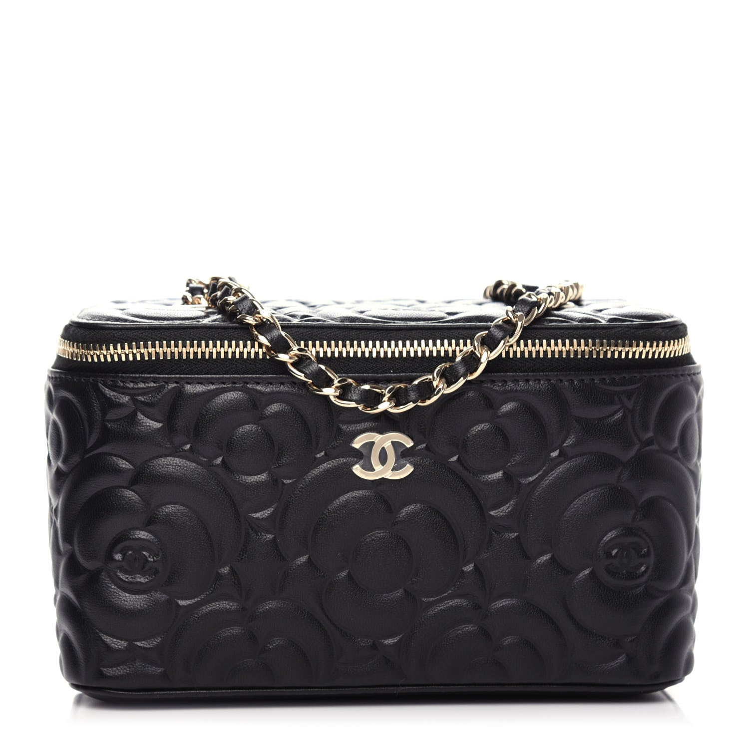 Chanel Goatskin Camellia Embossed Quilted Small Vanity Case With Chain Black 1 of 10