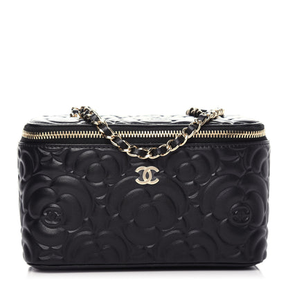 Chanel Goatskin Camellia Embossed Quilted Small Vanity Case With Chain Black 1 of 10