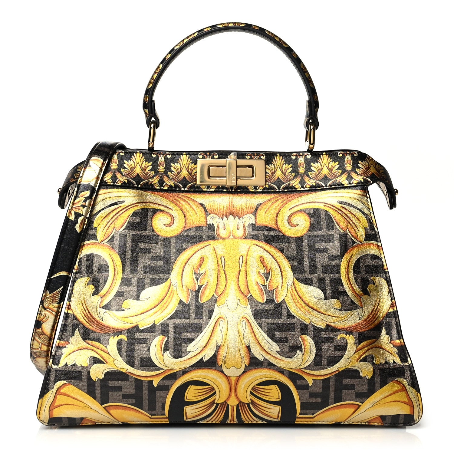 Fendi X VERSACE Vitello Seta Nappa Fendace FF Baroque Medium Peekaboo I SEE U Satchel Tobacco Black Gold 1 of 9