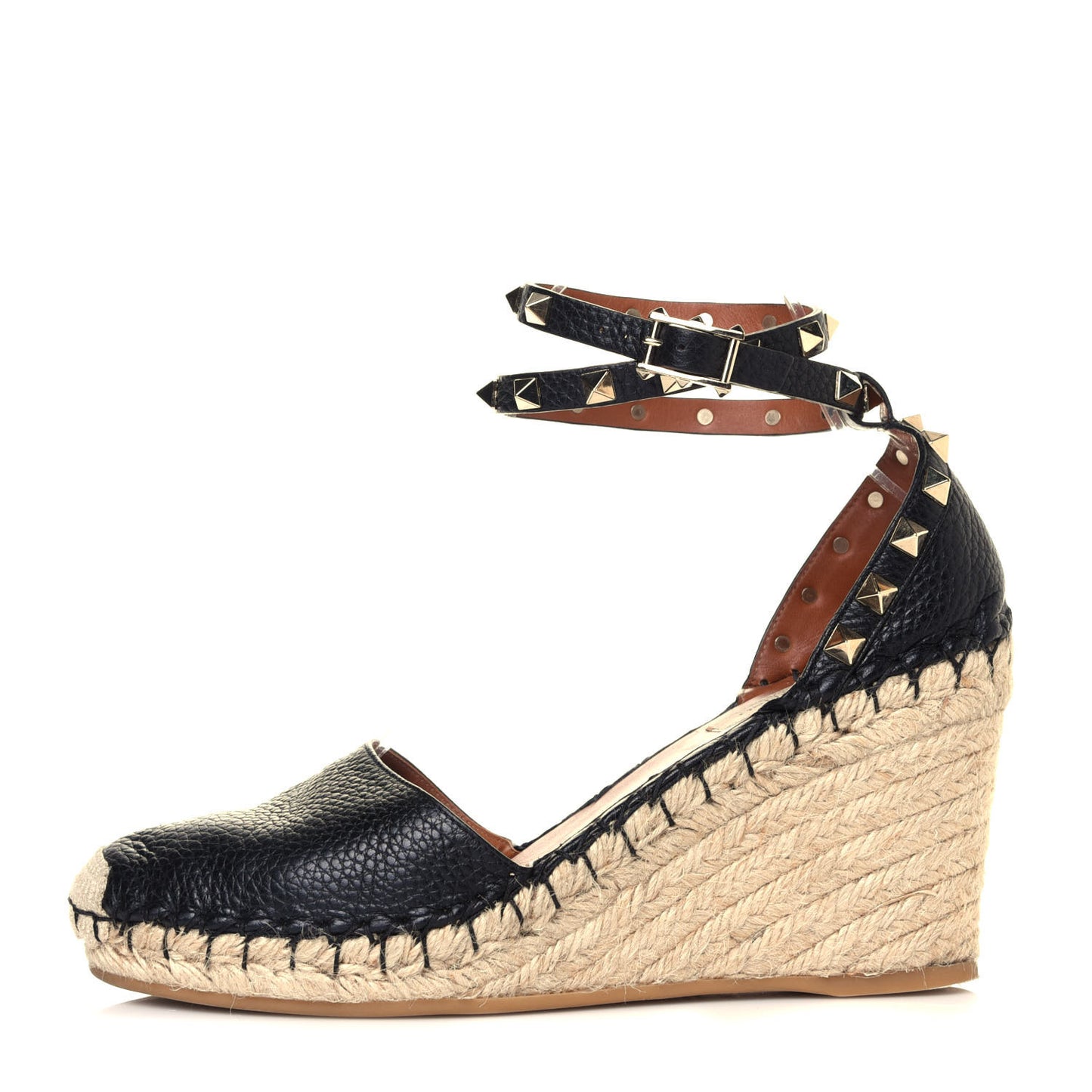 Grained Calfskin Rockstud Ankle Wrap Espadrille 15/85mm Wedges 38 Black Light Cuir