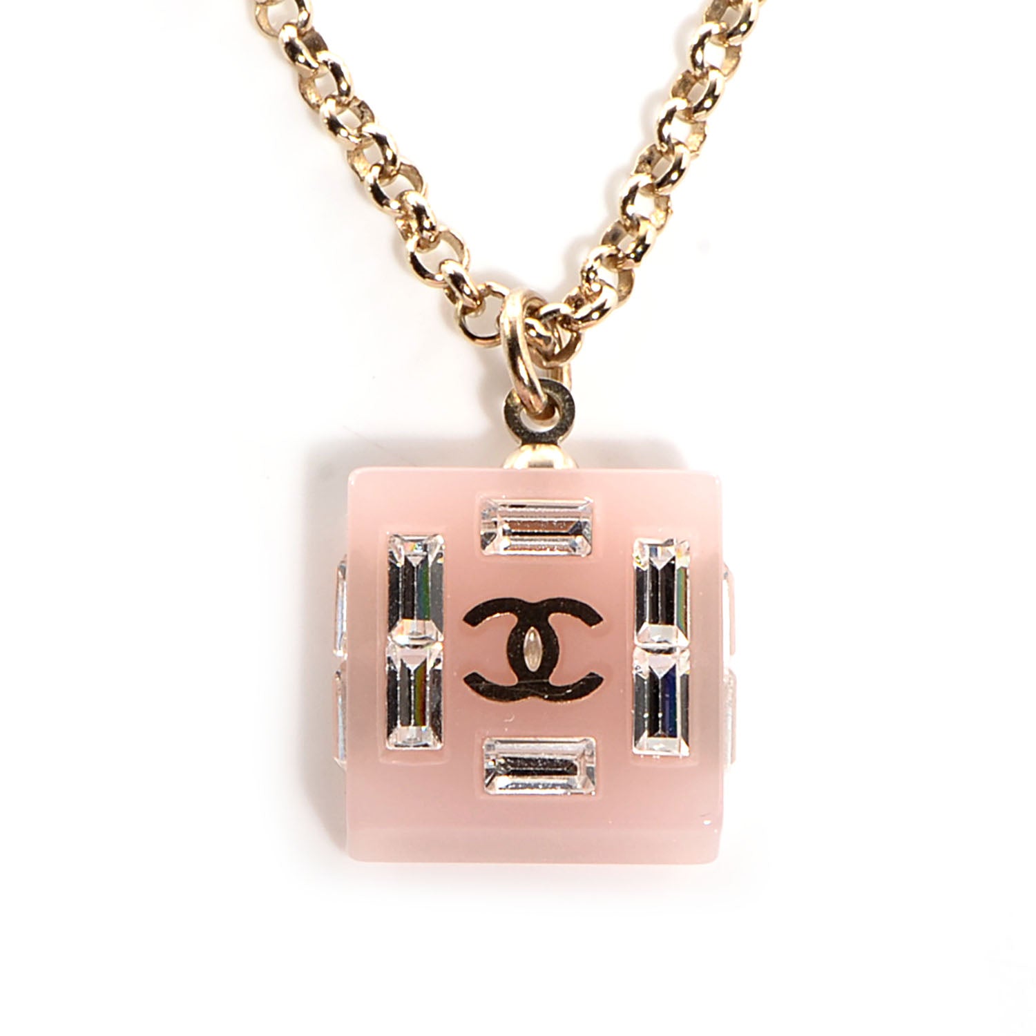 Chanel Resin Baguette Crystal Geometric Square CC Necklace Rose Pink 3 of 6