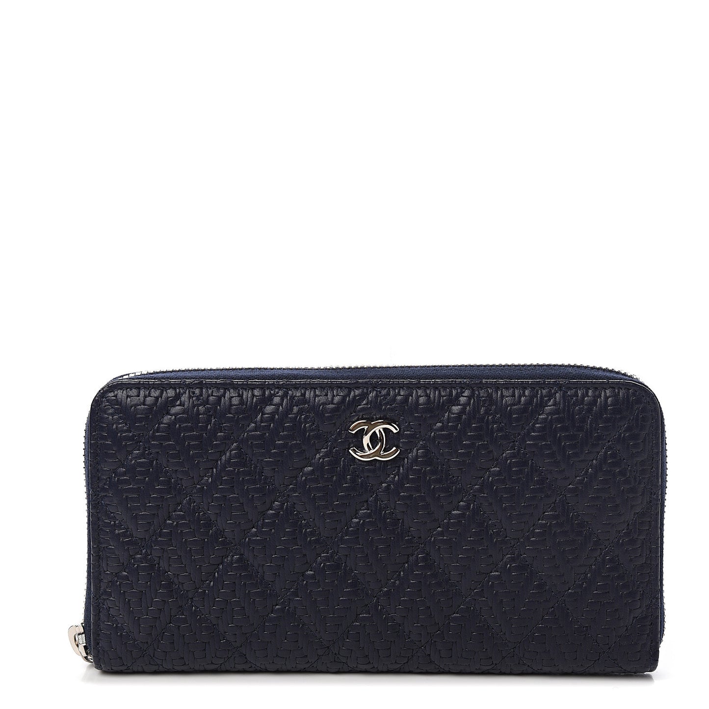 Woven Lambskin Quilted Large Zip Around Wallet Navy