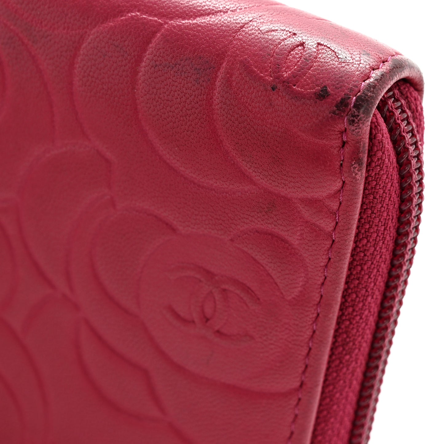 Lambskin Camellia Embossed Large Gusset Zip Around Wallet Fuchsia