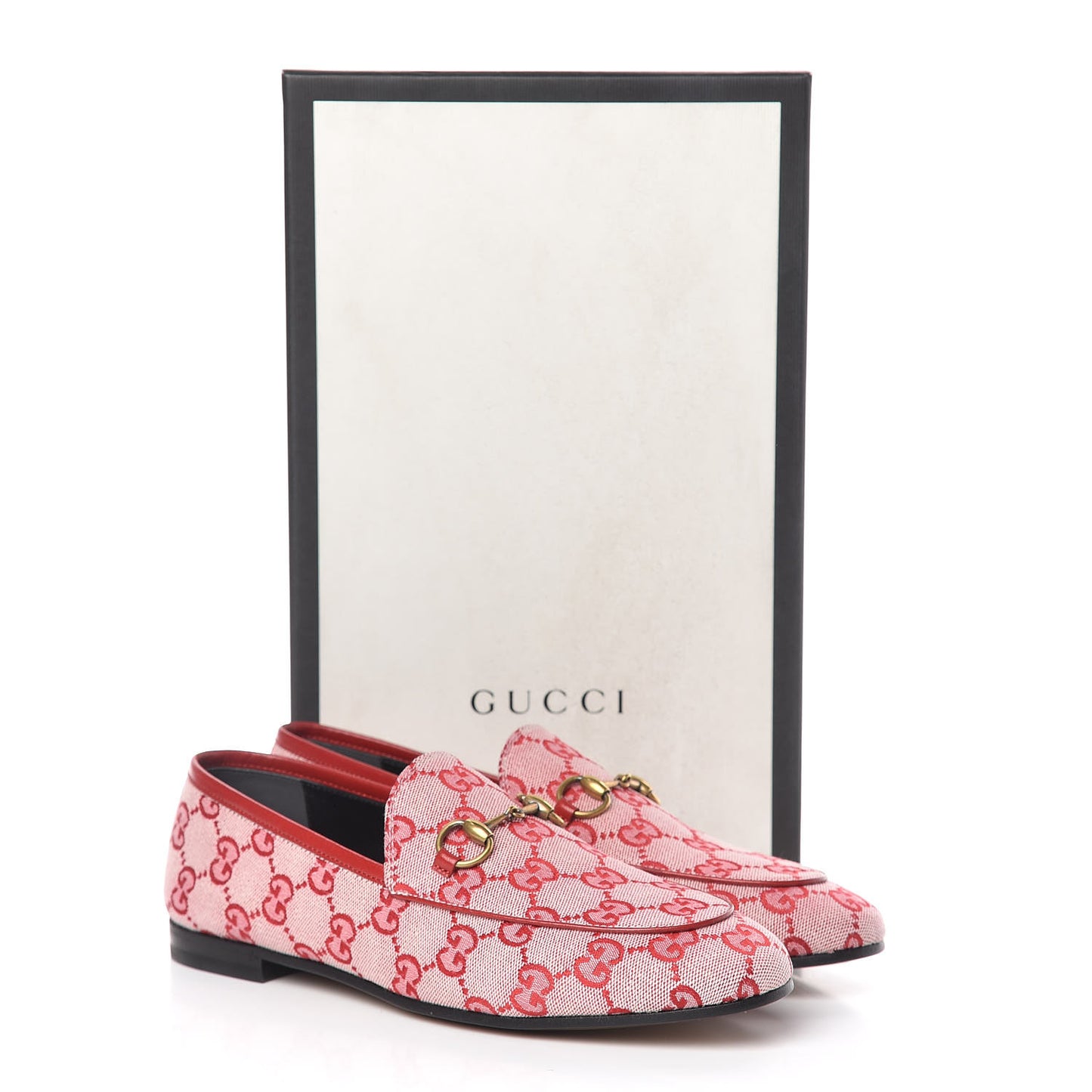 Canvas GG Monogram Horsebit Womens Jordaan Loafers 37.5 Gardenia Hibiscus Red