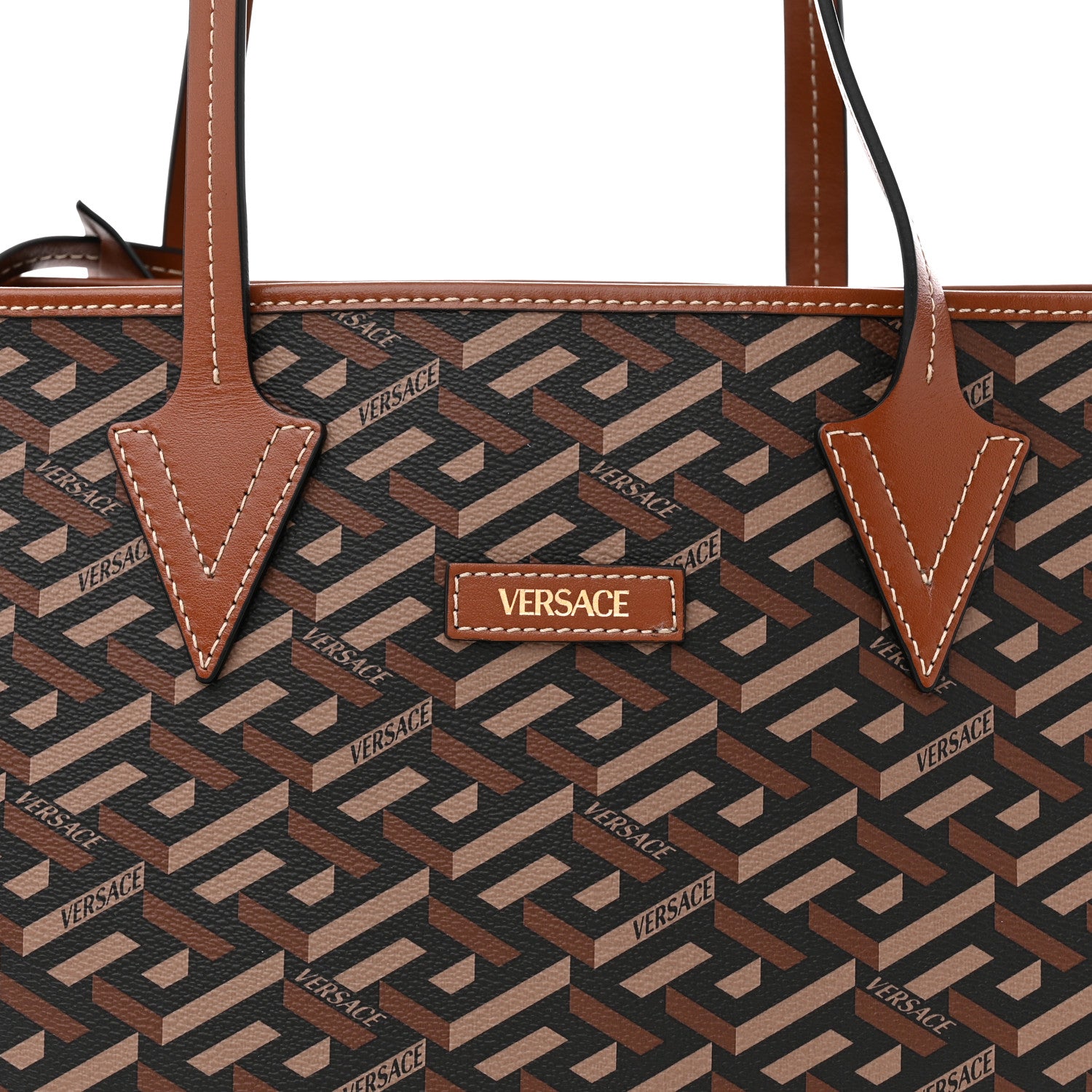 Versace Coated Canvas Calfskin La Greca Signature Shopper Tote Bag Black Caramel 8 of 10