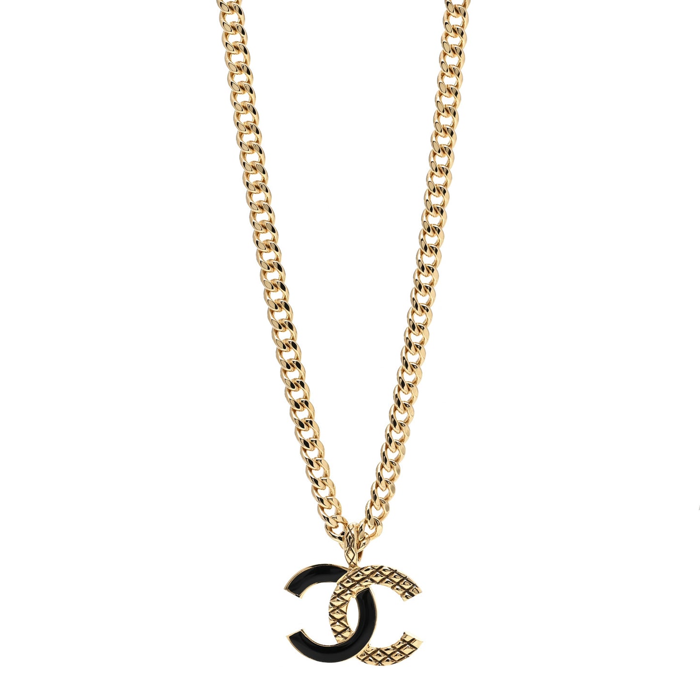 Metal Enamel Quilted CC Chain Necklace Pendant Gold Black