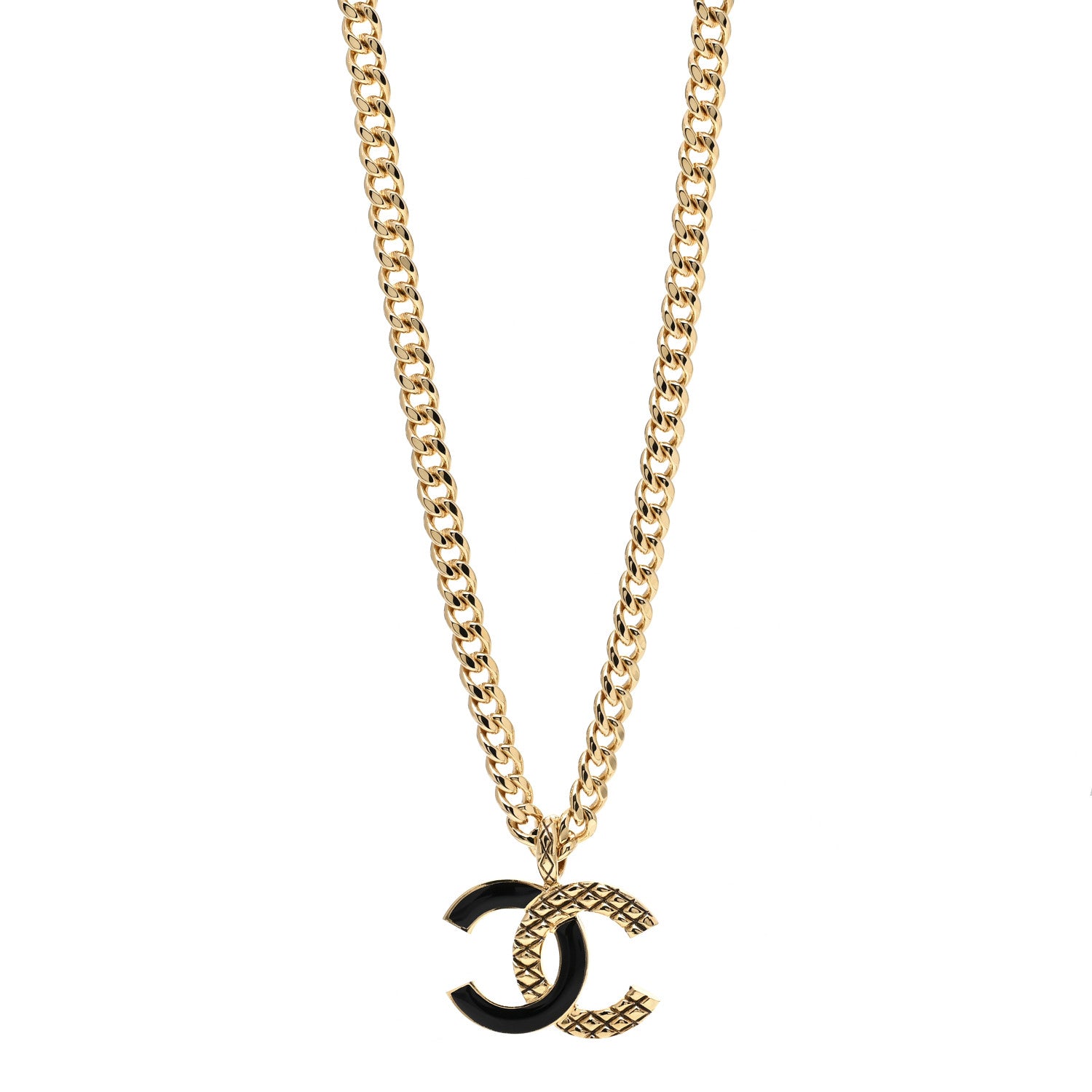 Chanel Metal Enamel Quilted CC Chain Necklace Pendant Gold Black 1 of 3