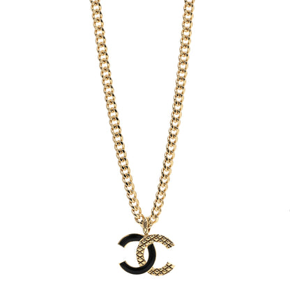 Chanel Metal Enamel Quilted CC Chain Necklace Pendant Gold Black 1 of 3