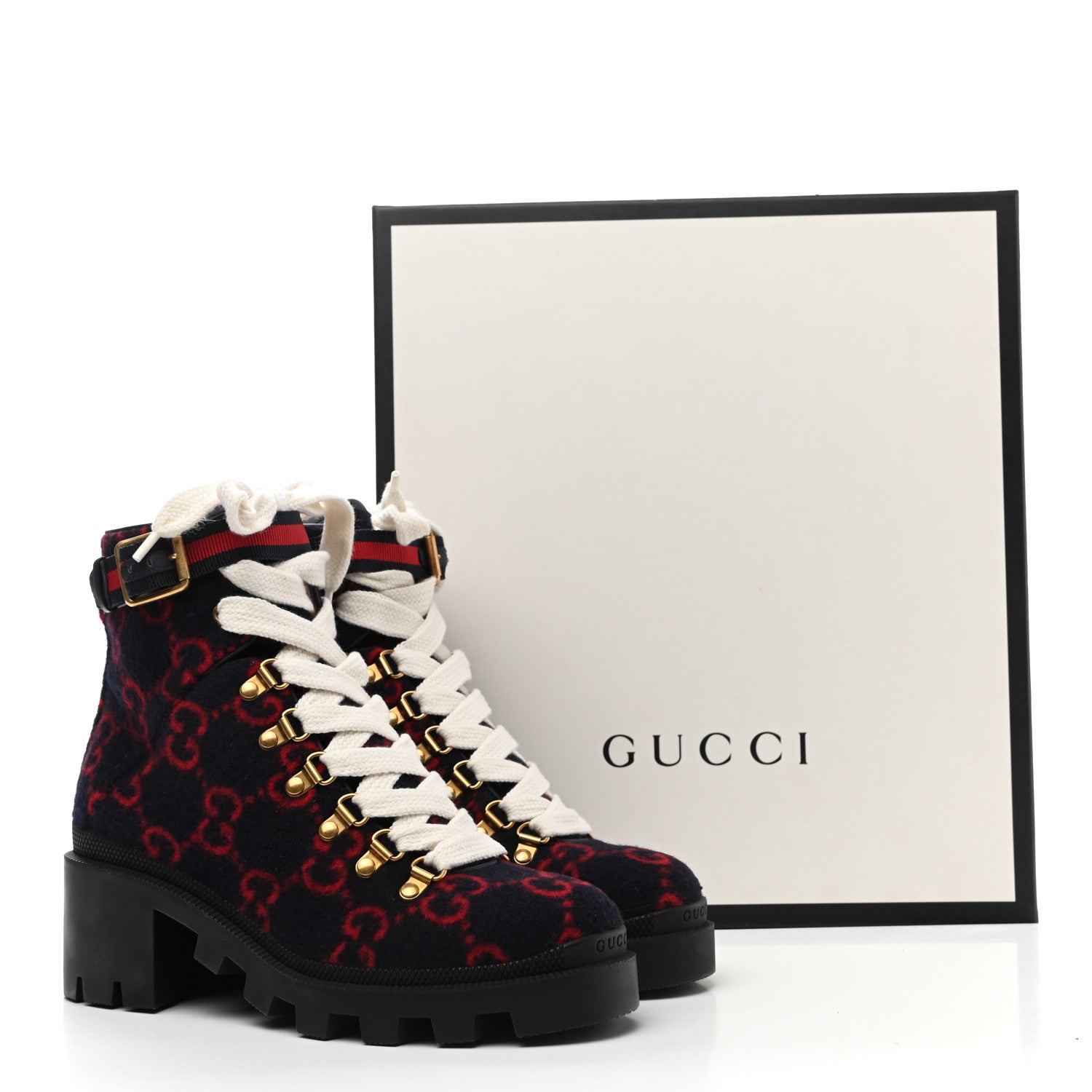 Gucci Covered Wool Big GG Monogram Womens Lace Up Combat Ankle Boots 36 Blue Red 9 of 9