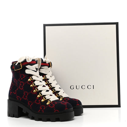 Gucci Covered Wool Big GG Monogram Womens Lace Up Combat Ankle Boots 36 Blue Red 9 of 9
