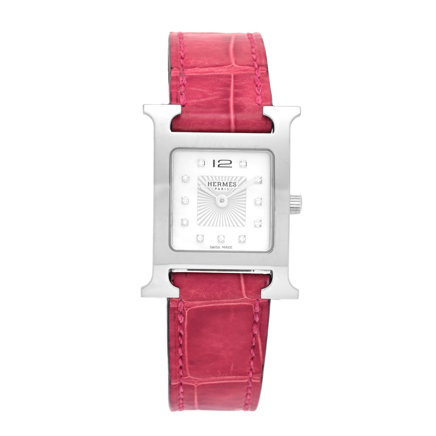 Hermes Stainless Steel Alligator Diamond Mother of Pearl 21mm Heure H Hour Quartz Watch Framboise 1 of 5