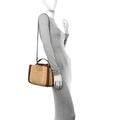 Valentino Garavani Raffia Calfskin Small Vlogo Signature Tote Natural Saddle Brown 2 of 11