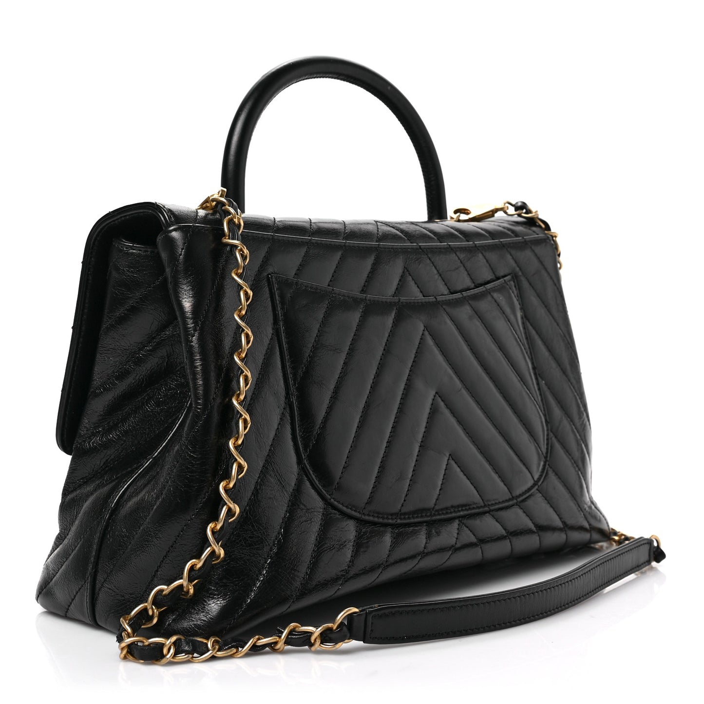 Calfskin Chevron Quilted Medium Coco Handle Flap Black