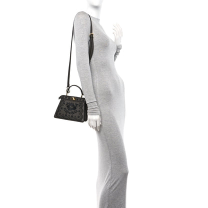 Fendi Vitello Seta Shiny Nappa Floral Embroidered Petite Peekaboo I SEE U Satchel Carbone Black 2 of 14