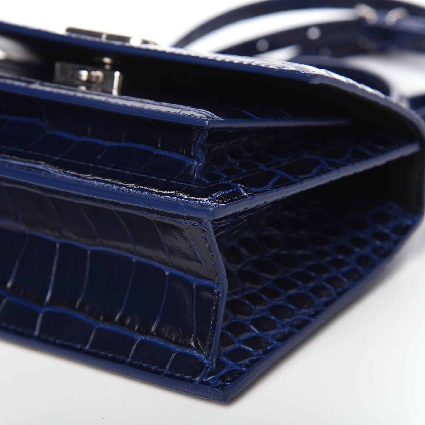 Shiny Calfskin Crocodile Embossed XS Sharp Top Handle Bag Navy