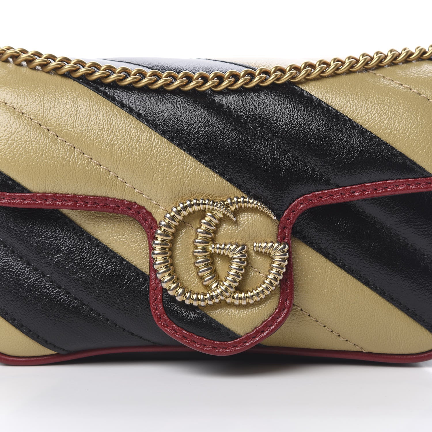 Gucci Vintage Effect Calfskin Matelasse Diagonal Striped Super Mini Torchon GG Marmont Shoulder Bag Black Beige 8 of 11