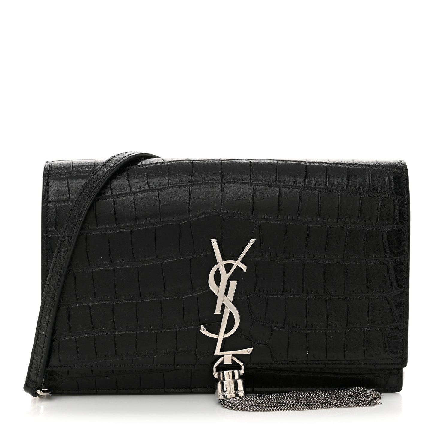 Calfskin Crocodile Embossed Kate Monogram Tassel Chain Wallet Black