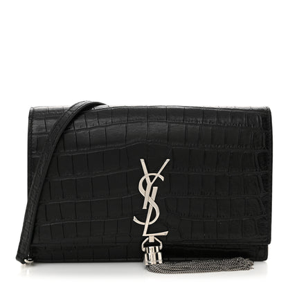 Saint Laurent Calfskin Crocodile Embossed Kate Monogram Tassel Chain Wallet Black 1 of 13