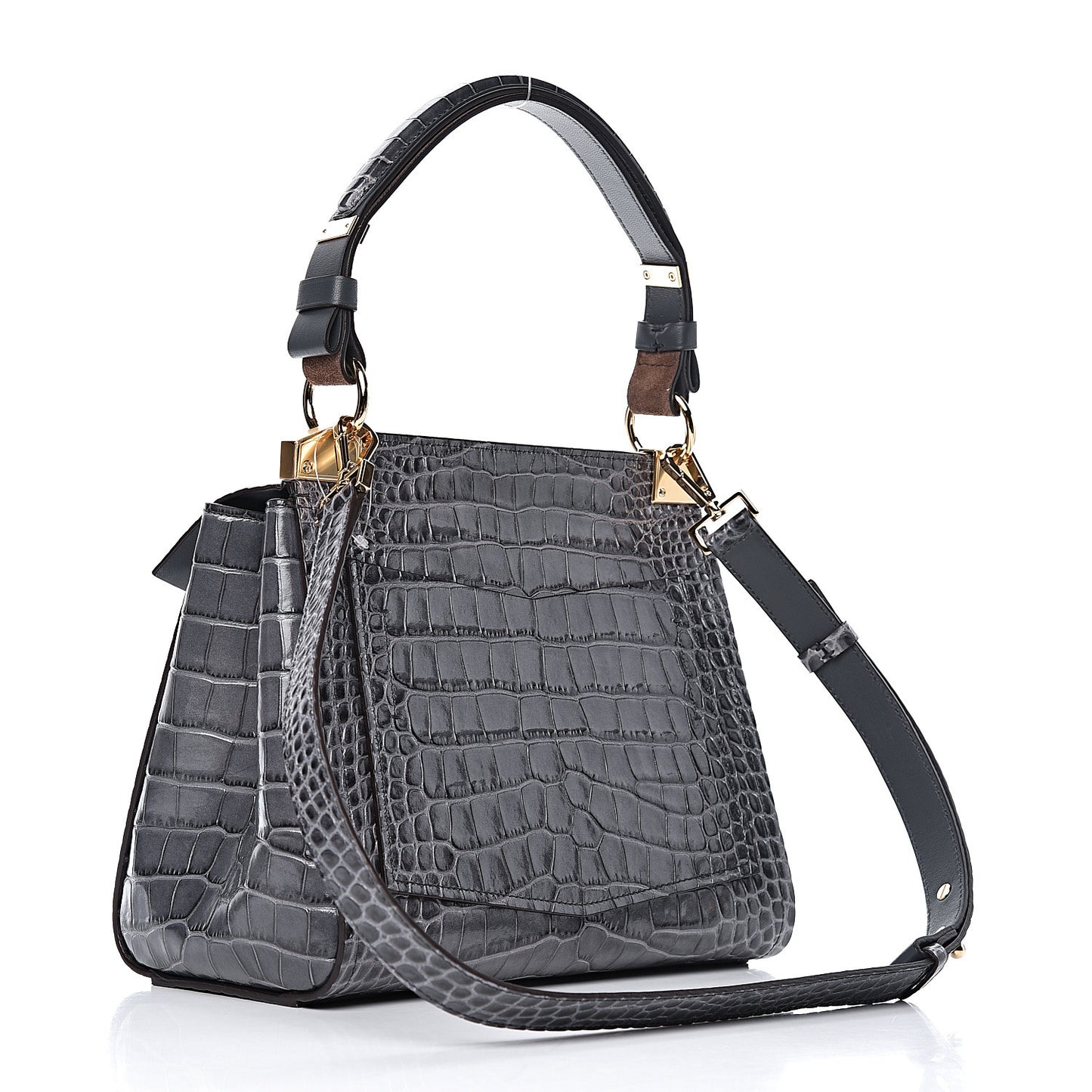 Calfskin Crocodile Embossed Small Mystic Shoulder Bag Storm Grey