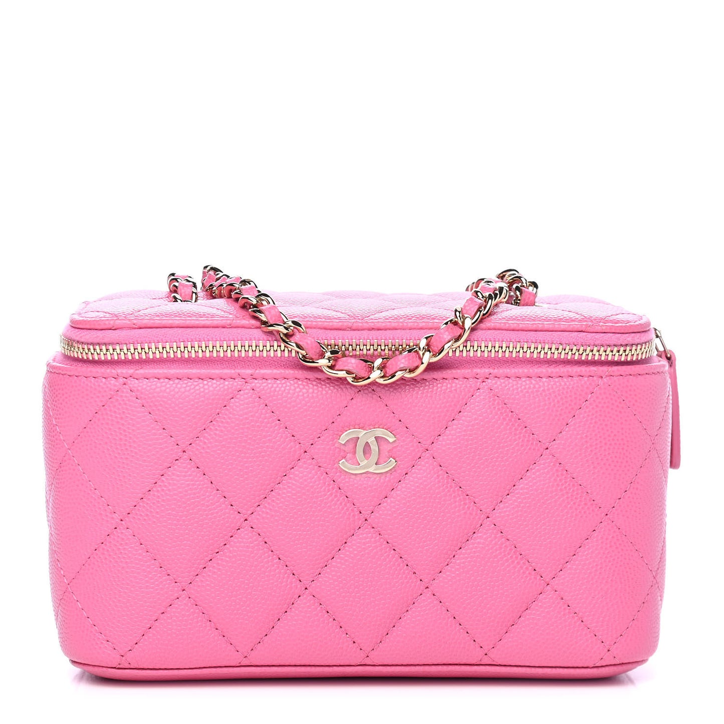 Caviar Quilted Small Vanity Case With Chain Pink