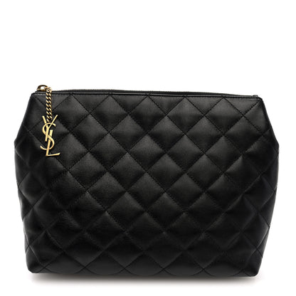 Saint Laurent Calfskin Quilted Embroidered Cassandre Large Cosmetic Pouch Black 1 of 6