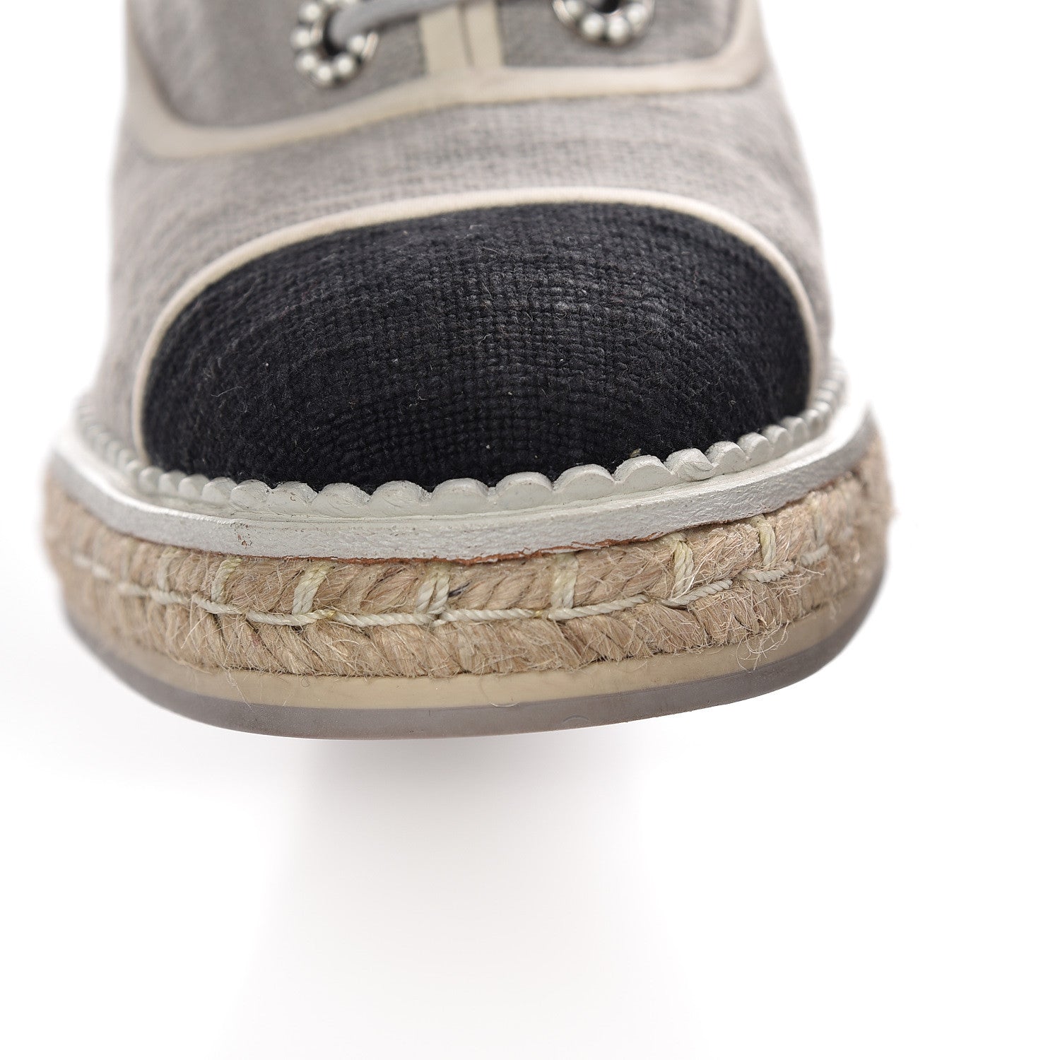 Chanel Cotton Lace Up Wedge Espadrilles 38.5 Grey Navy Blue 12 of 15