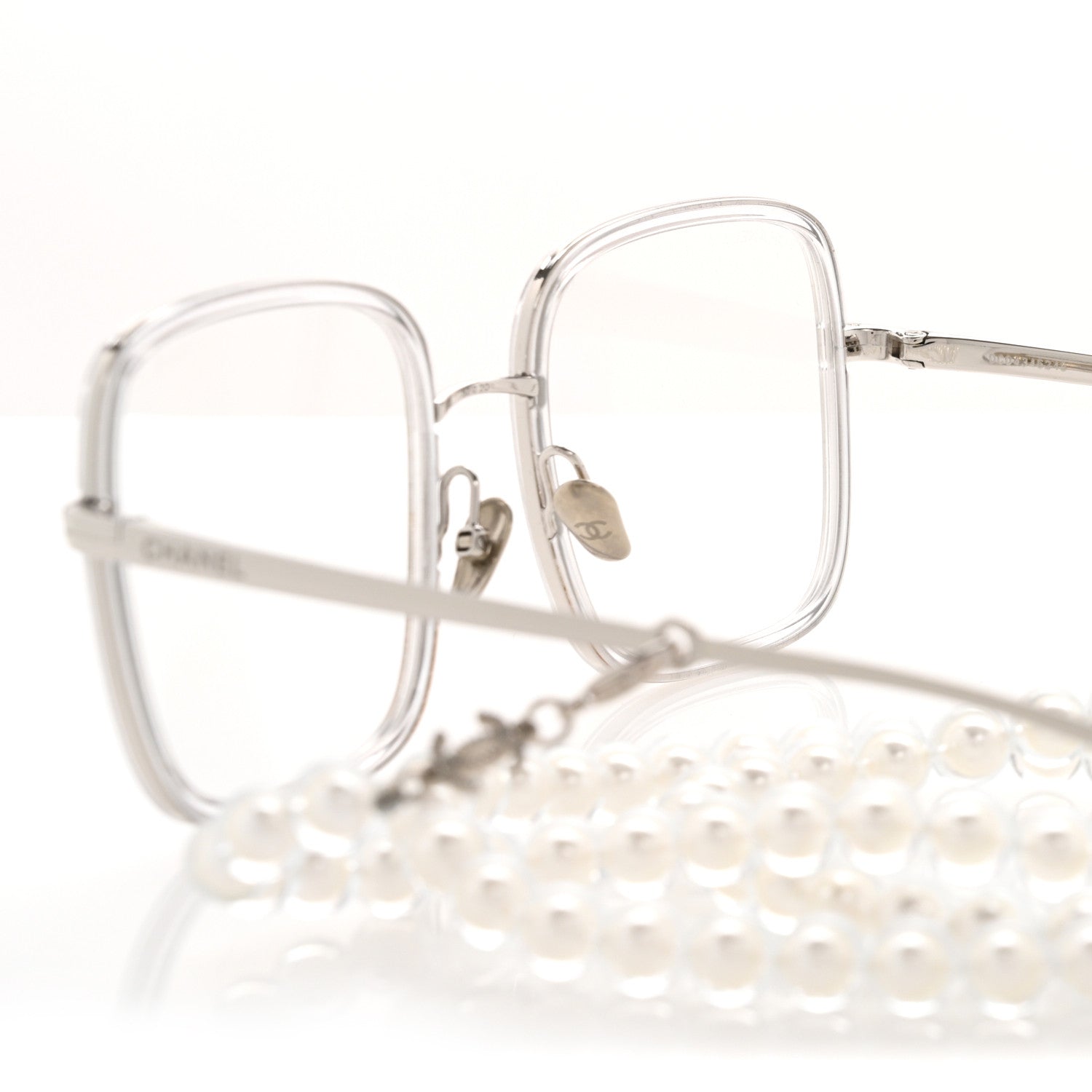 Chanel Metal Removable Pearl Chain Square Eyeglasses 2195-S Silver 6 of 8