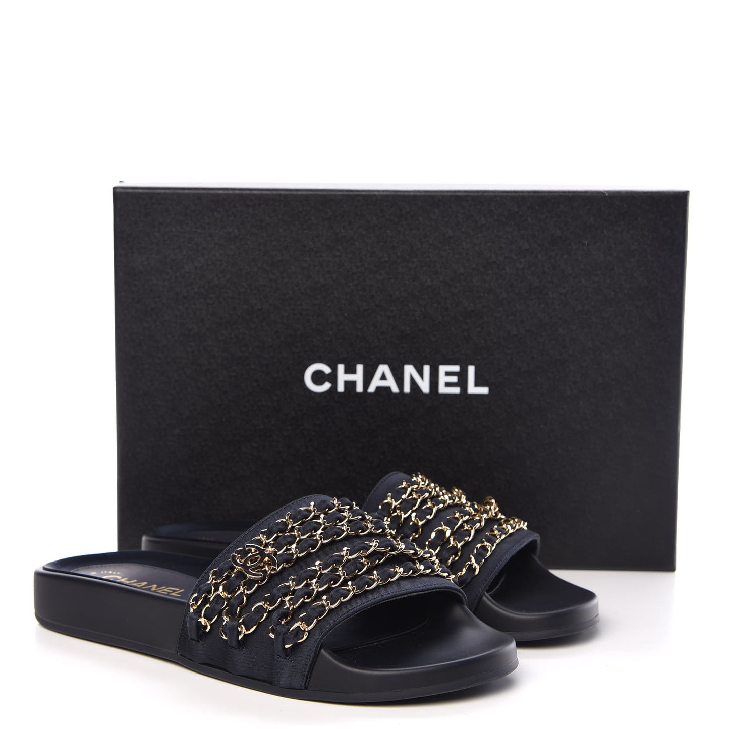 Satin Chain Flat Sandals 38 Marine