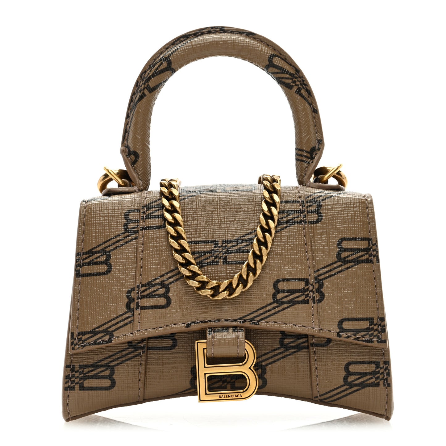 Coated Canvas BB Monogram Hourglass Top Handle Bag Mini with Chain Beige Brown