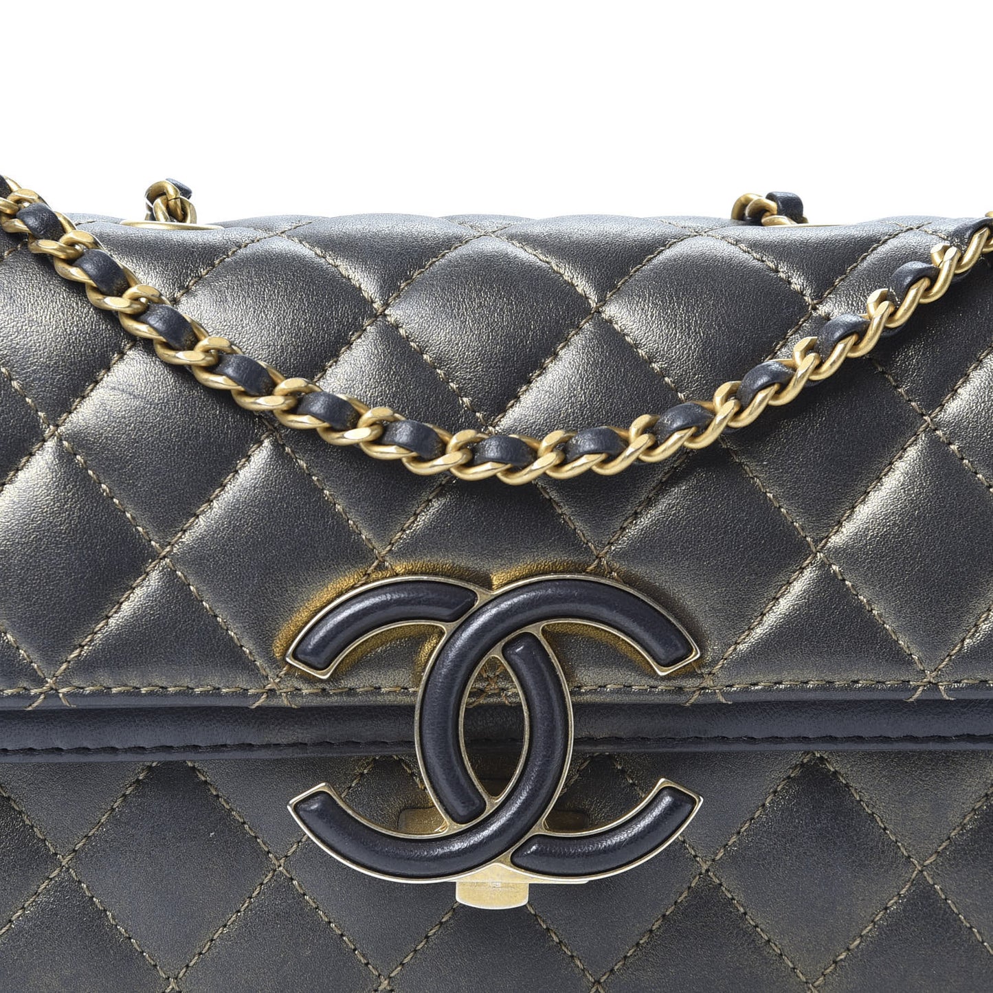 Metallic Calfskin Lambskin Quilted Small CC Chic Flap Dark Grey Gold