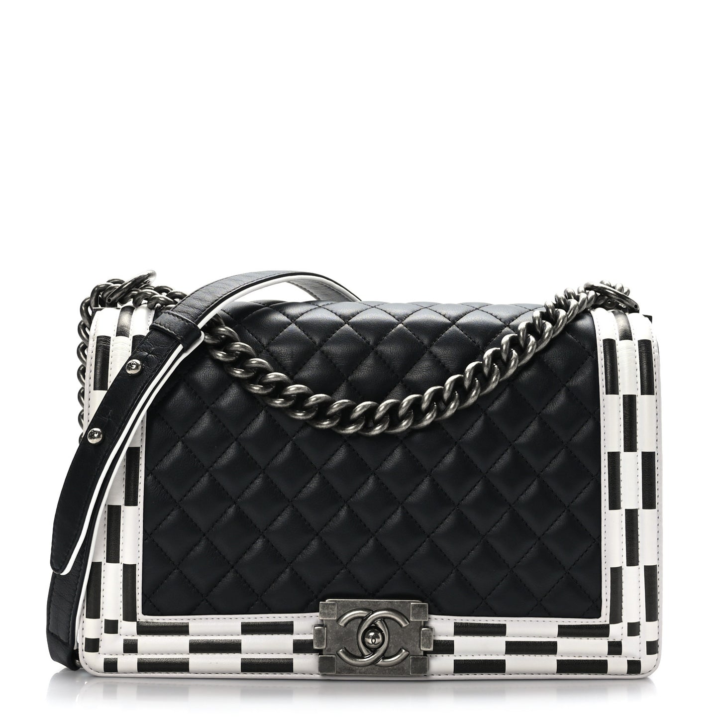 Calfskin Quilted Checkerboard Trim New Medium Boy Flap Black White