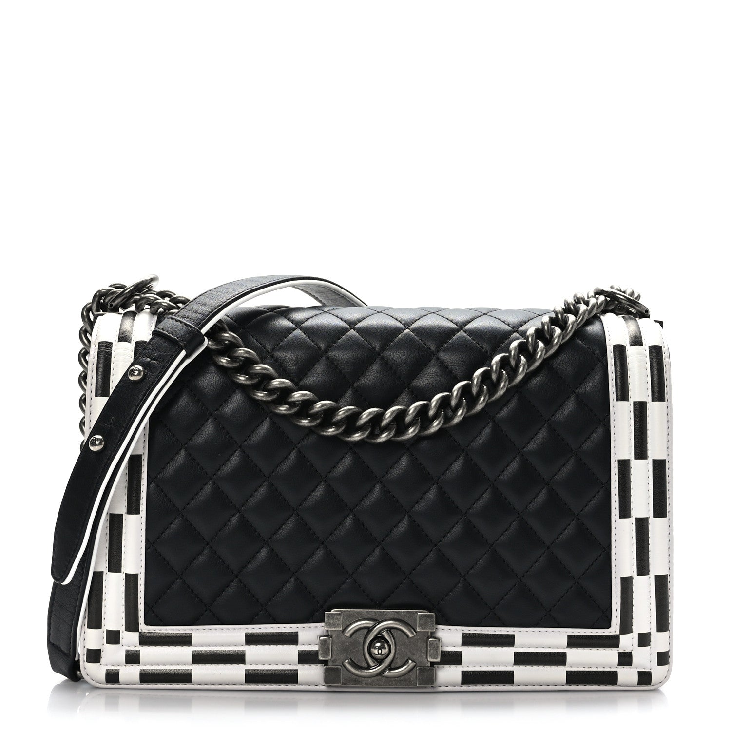 Chanel Calfskin Quilted Checkerboard Trim New Medium Boy Flap Black White 1 of 9
