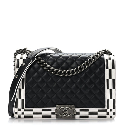 Chanel Calfskin Quilted Checkerboard Trim New Medium Boy Flap Black White 1 of 9
