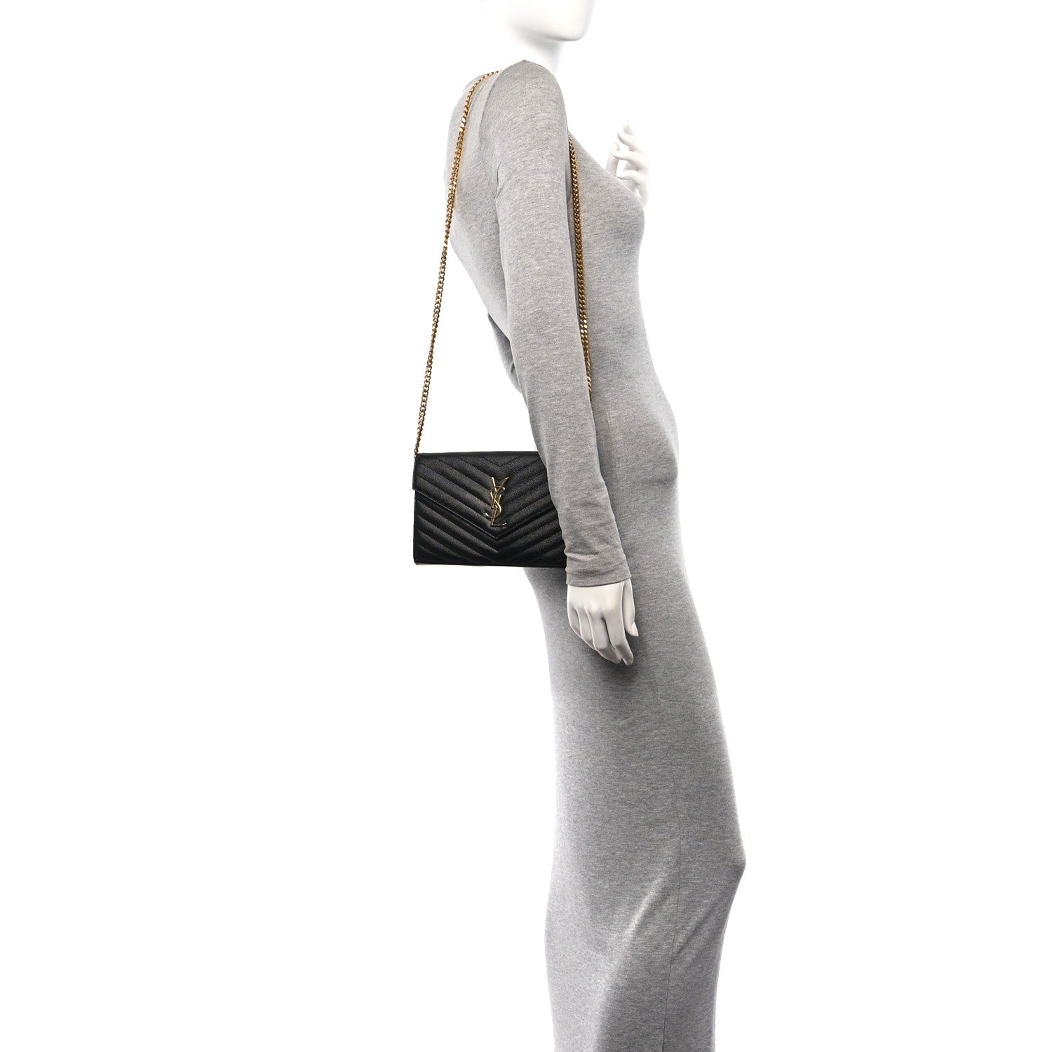 Saint Laurent Grain De Poudre Matelasse Chevron Monogram Chain Wallet Black 2 of 10