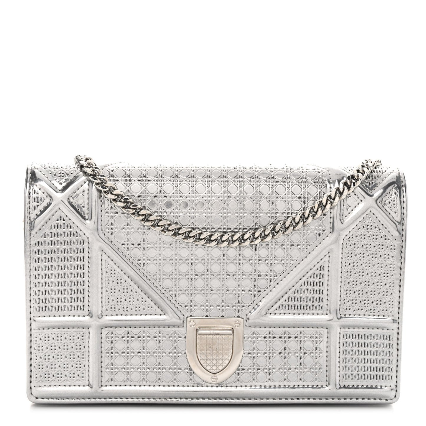 Metallic Patent Micro-Cannage Diorama Wallet on Chain Pouch Silver
