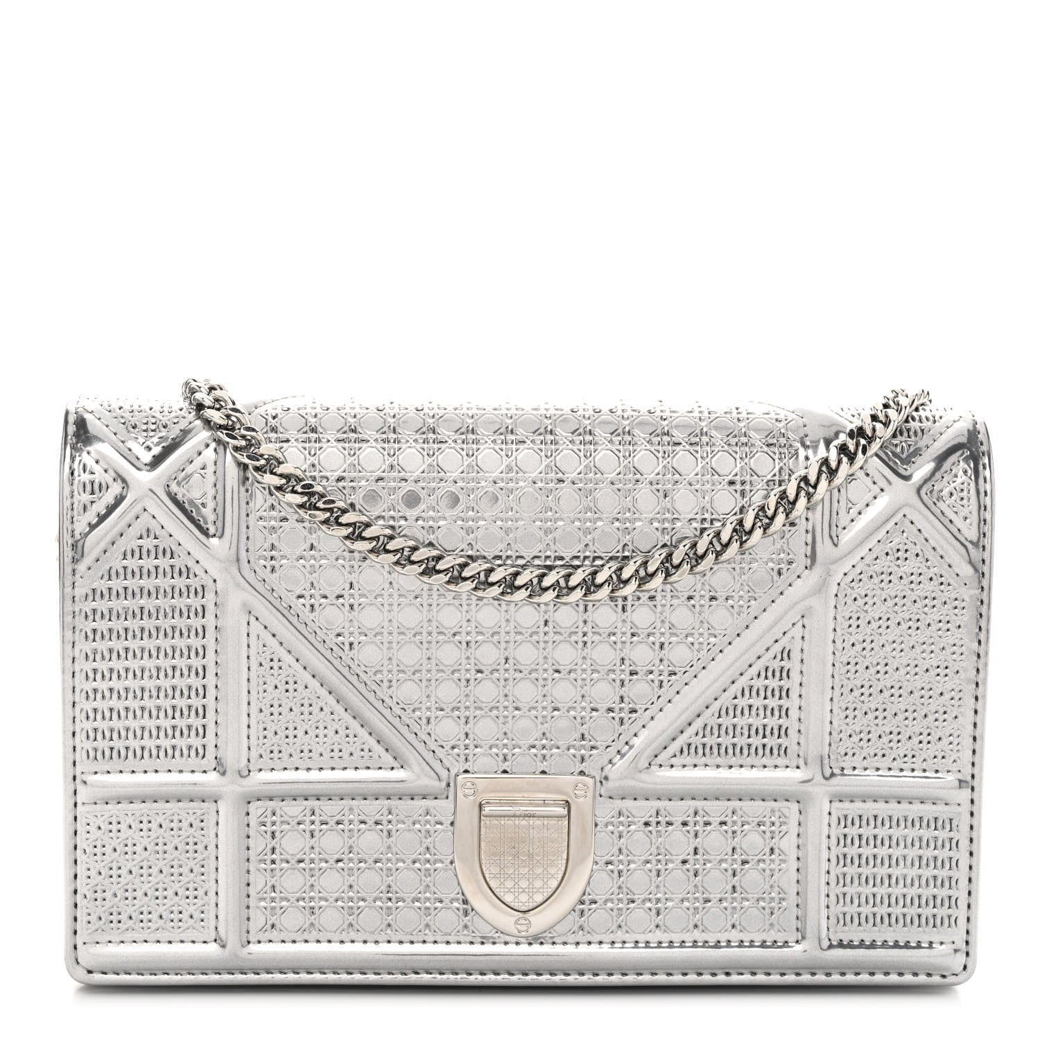 Christian Dior Metallic Patent Micro-Cannage Diorama Wallet on Chain Pouch Silver 1 of 9