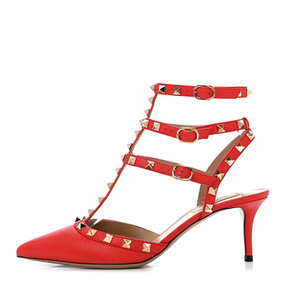 Valentino Garavani Pebbled Calfskin Rockstud Ankle Strap 65mm Pumps Deep Coral 1 of 11