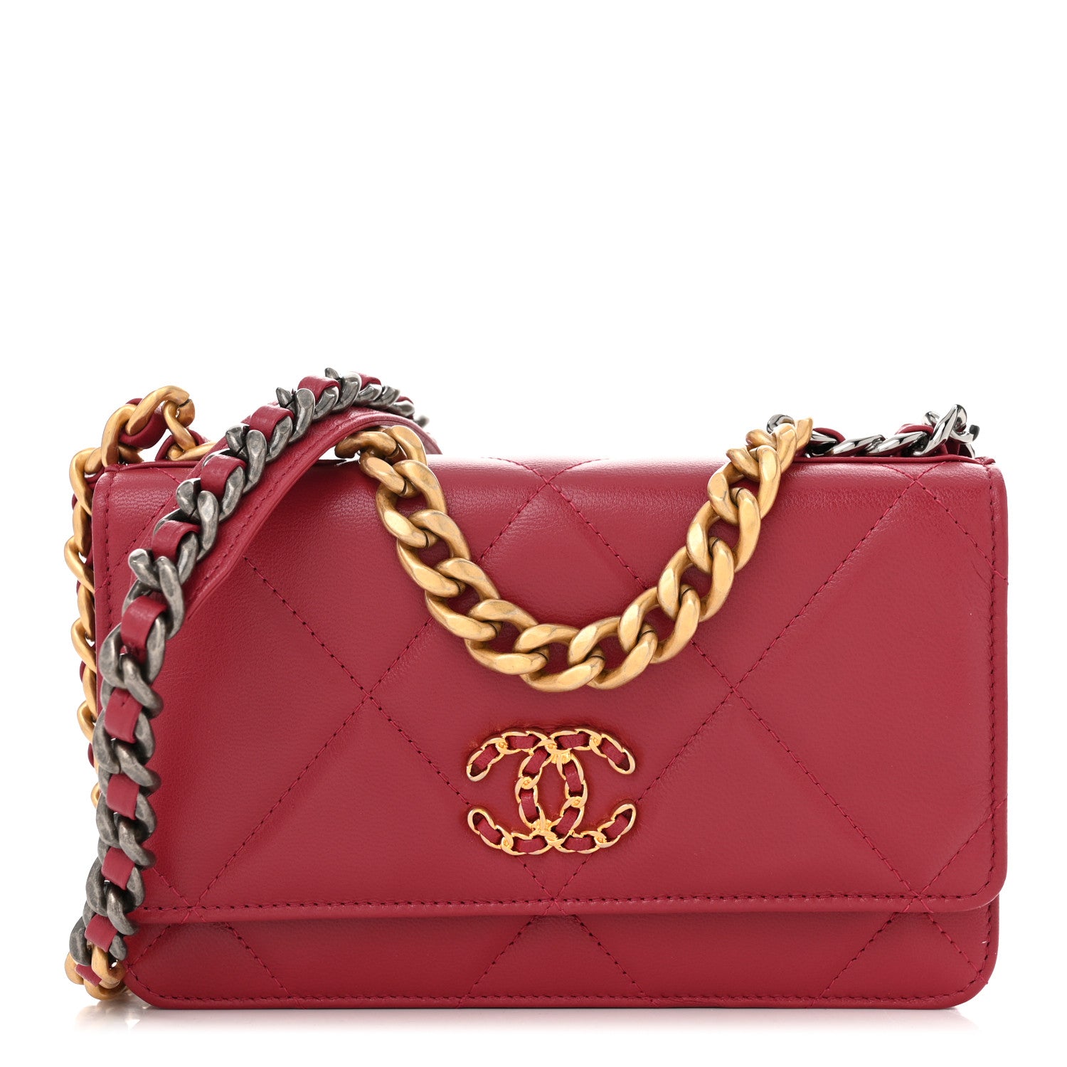 Chanel Shiny Goatskin Quilted Chanel 19 Wallet On Chain WOC Red 1 of 12