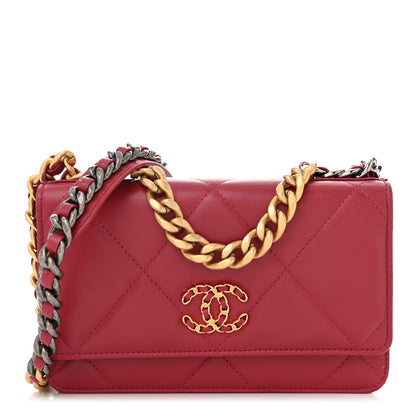 Chanel Shiny Goatskin Quilted Chanel 19 Wallet On Chain WOC Red 1 of 12