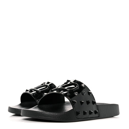 Valentino Garavani Patent Rubber Mens Rockstud VLogo Slide Sandals 40 Black 3 of 7