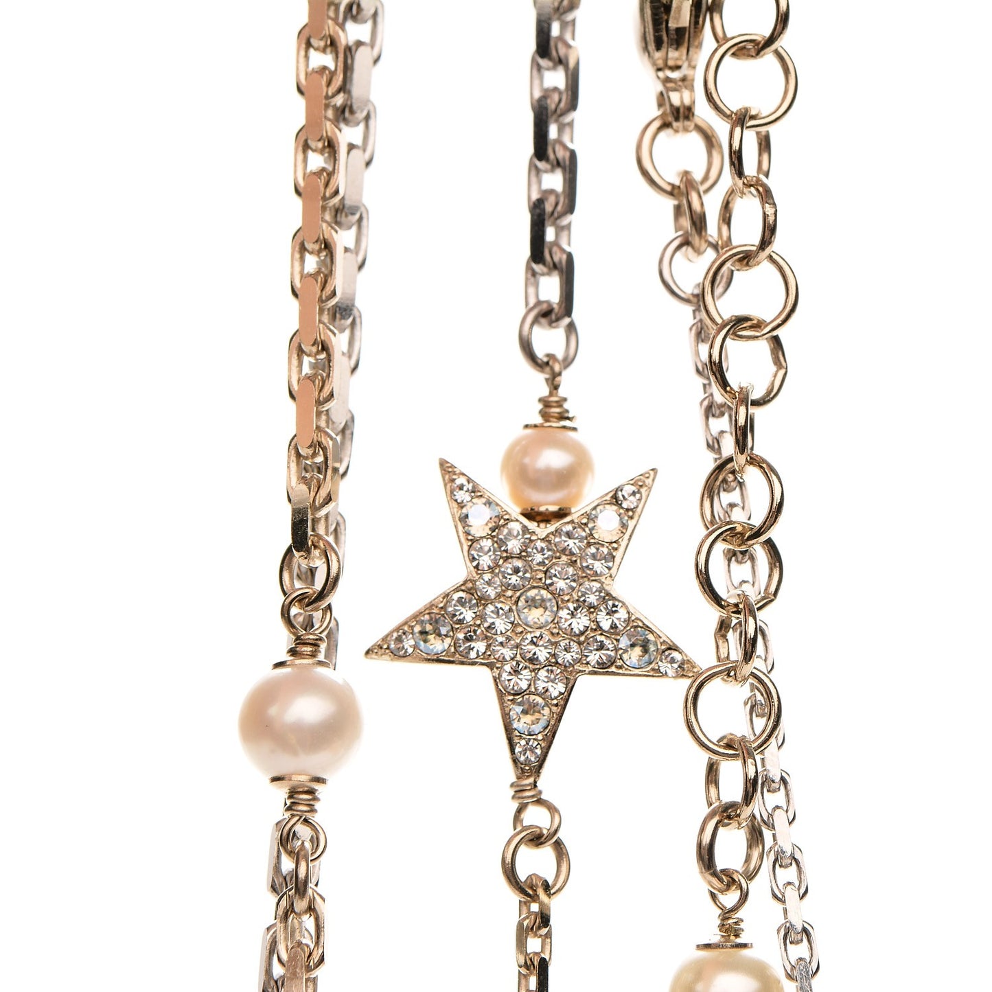 Glass Pearl Strass CC Long Necklace Gold Silver Light Blue