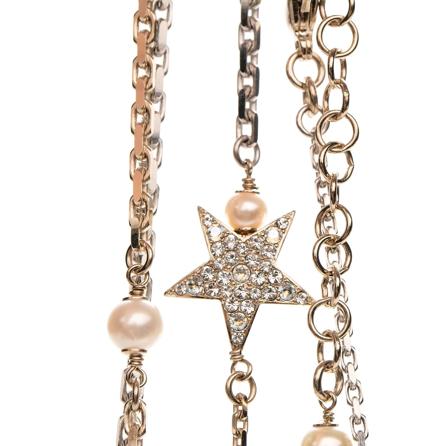 Chanel Glass Pearl Strass CC Long Necklace Gold Silver Light Blue 6 of 8