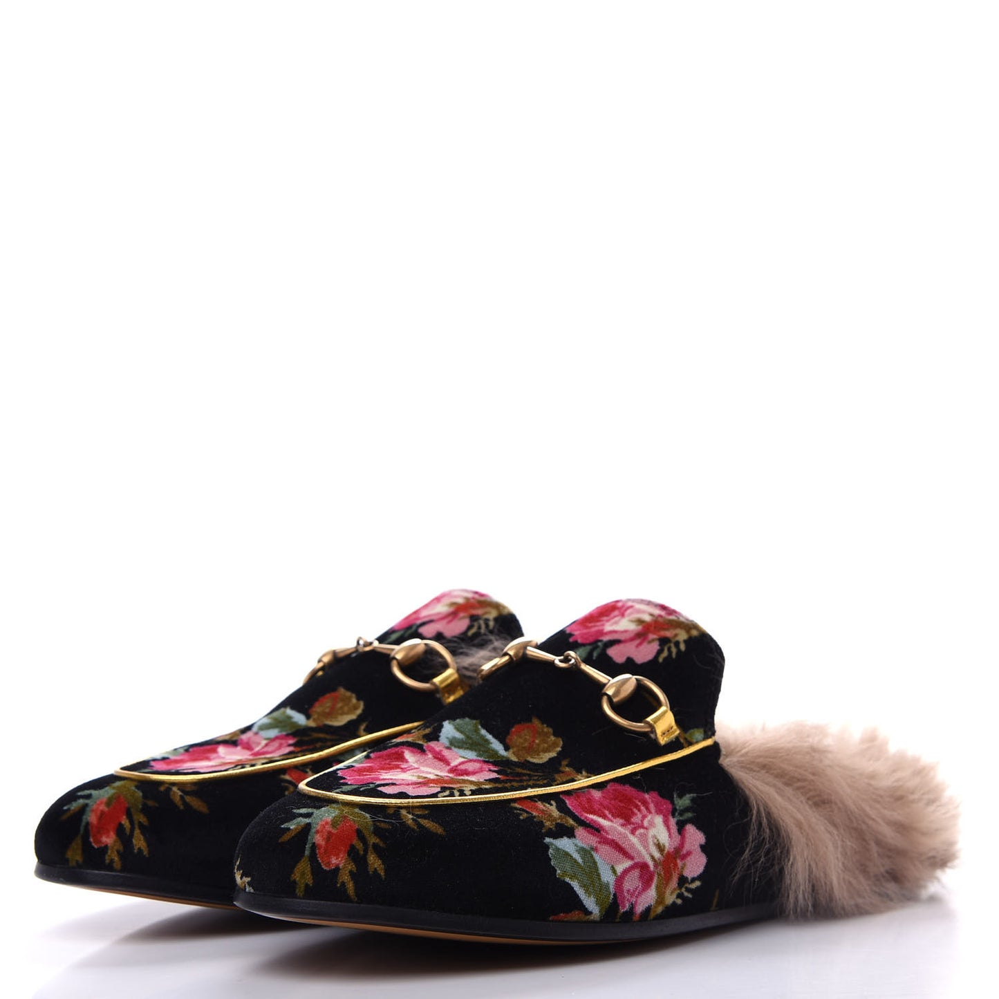 Velvet Fur Floral Womens Princetown Slippers 37 Black