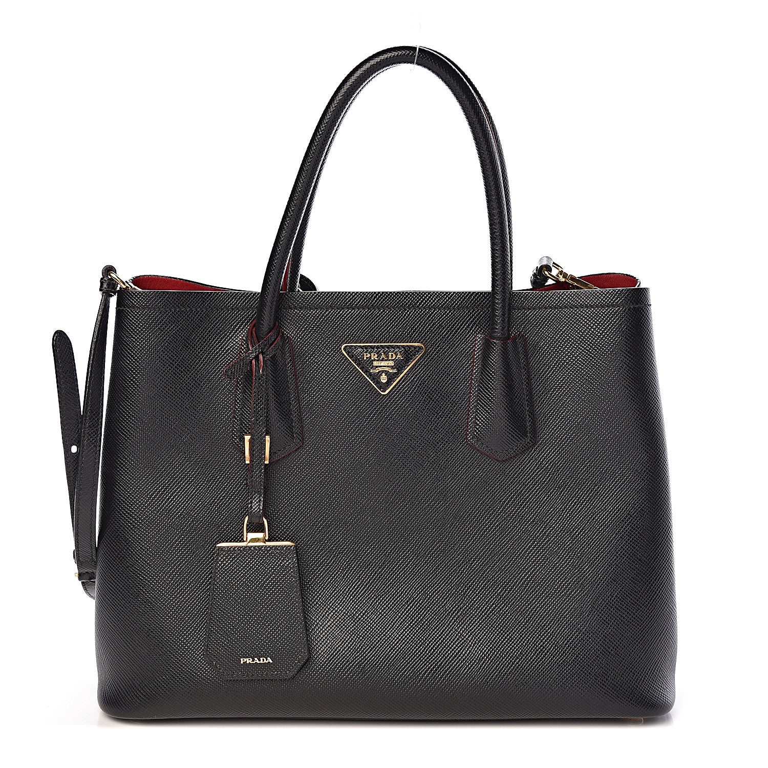Prada Saffiano Cuir Medium Double Bag Black Fuoco 1 of 13
