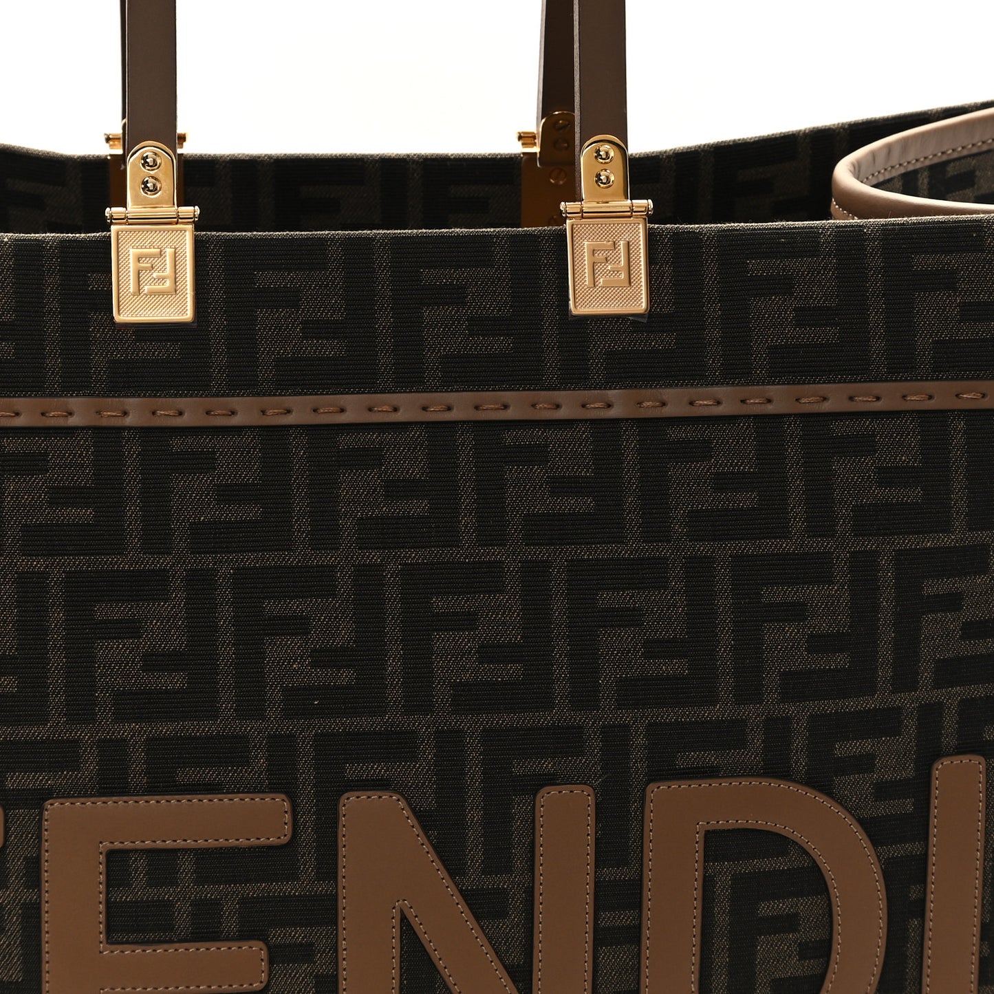 Fabric Jacquard FF 1974 Logo Large Fendi Sunshine Shopper Tote Tobacco Moro Sand