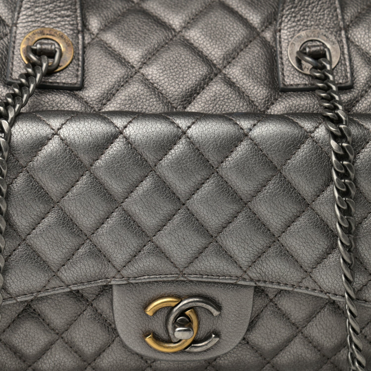 Chanel Metallic Grained Calfskin Quilted Large Casual Pocket Bowling Bag Silver 8 of 14