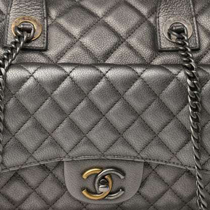 Chanel Metallic Grained Calfskin Quilted Large Casual Pocket Bowling Bag Silver 8 of 14