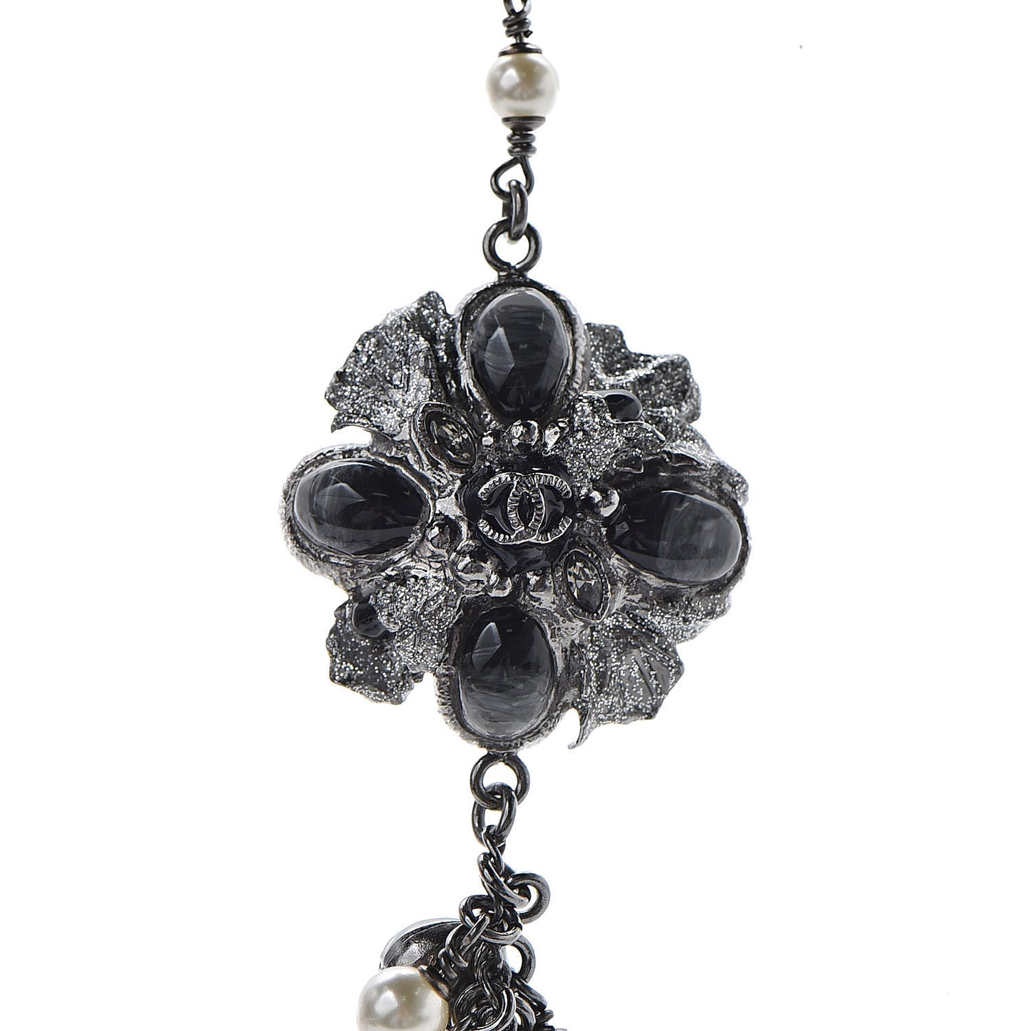 Pearl Crystal Bead CC Long Necklace Black
